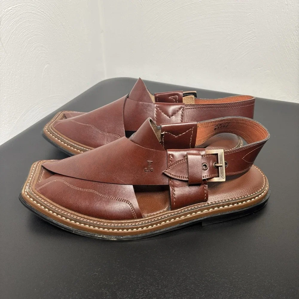 J. Handmade Peshawari Leather Chappal BROWN Eid Mens Pakistani Elite Sandal Sz 8